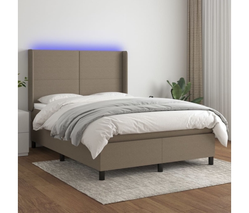 Cama box spring colchón y luces LED tela gris taupe 140x190 cm