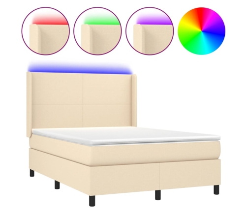 Cama box spring colchón y luces LED tela crema 140x190 cm