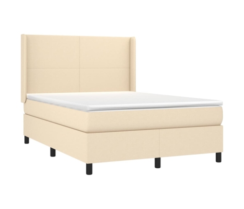 Cama box spring colchón y luces LED tela crema 140x190 cm