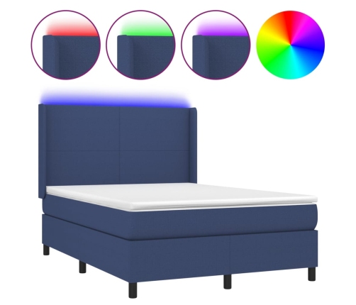 Cama box spring colchón y luces LED tela azul 140x190 cm