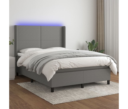 Cama box spring colchón y luces LED tela gris oscuro 140x200 cm