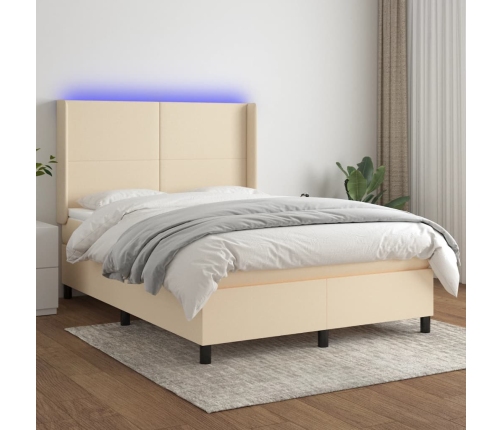 Cama box spring colchón y luces LED tela crema 140x200 cm