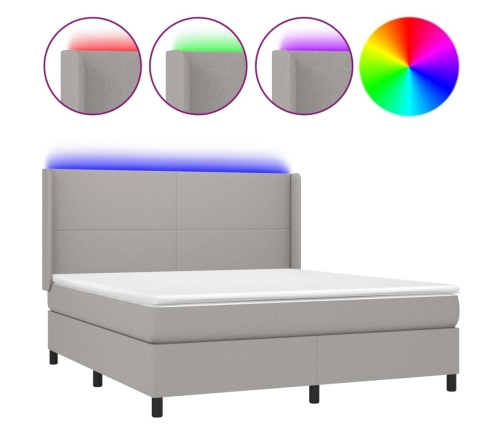 Cama box spring colchón y luces LED tela gris claro 160x200 cm