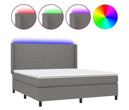 Cama box spring colchón y luces LED tela gris oscuro 160x200 cm