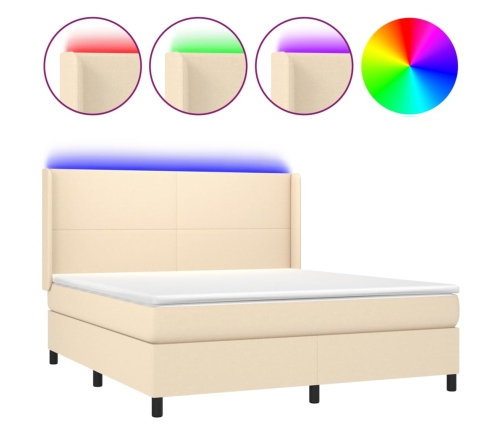 Cama box spring colchón y luces LED tela crema 160x200 cm