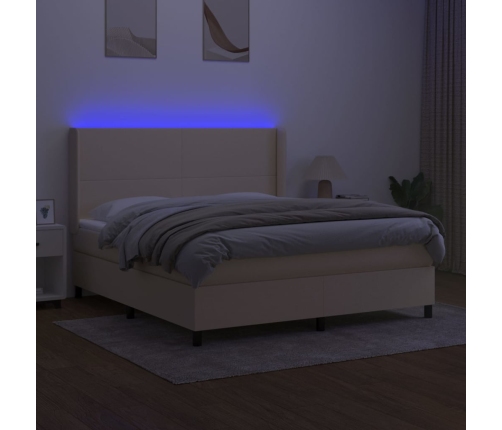 Cama box spring colchón y luces LED tela crema 160x200 cm