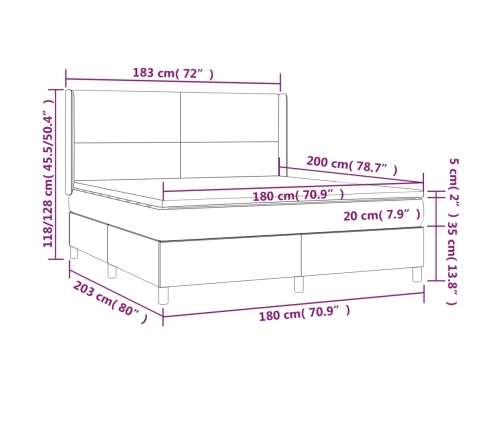 Cama box spring colchón y luces LED tela gris claro 180x200 cm