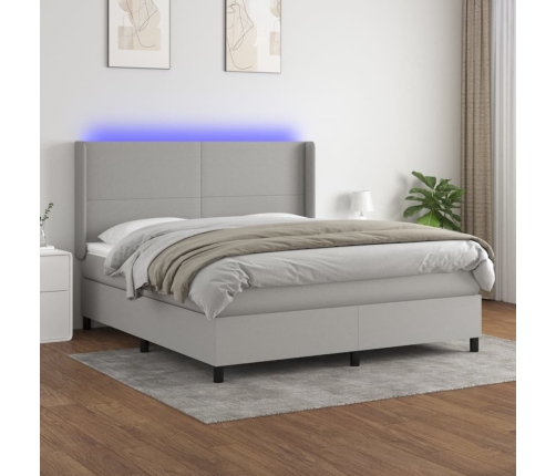 Cama box spring colchón y luces LED tela gris claro 180x200 cm