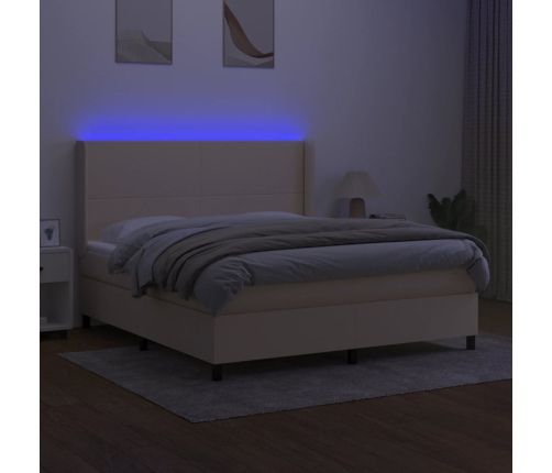 Cama box spring colchón y luces LED tela crema 180x200 cm