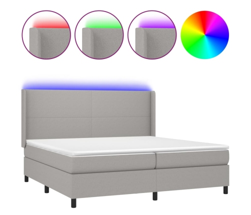 Cama box spring con colchón tela y LED gris claro 200x200 cm