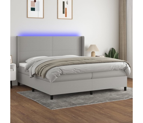 Cama box spring con colchón tela y LED gris claro 200x200 cm