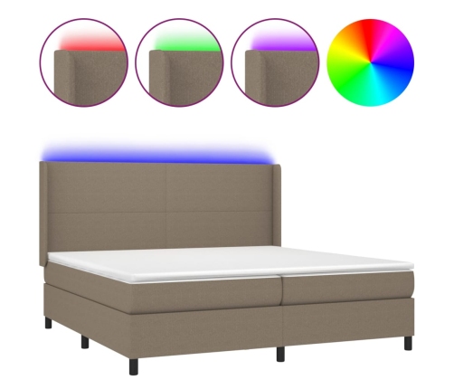 Cama box spring colchón y luces LED tela gris taupe 200x200 cm