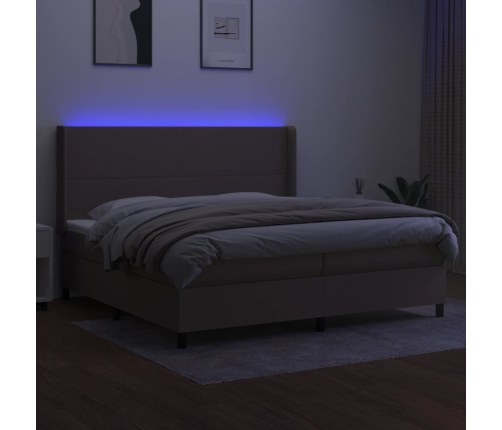 Cama box spring colchón y luces LED tela gris taupe 200x200 cm