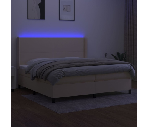 Cama box spring colchón y luces LED tela crema 200x200 cm