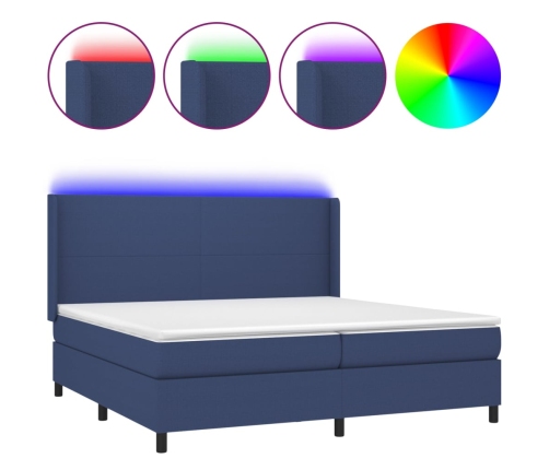 Cama box spring colchón y luces LED tela azul 200x200 cm