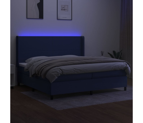 Cama box spring colchón y luces LED tela azul 200x200 cm