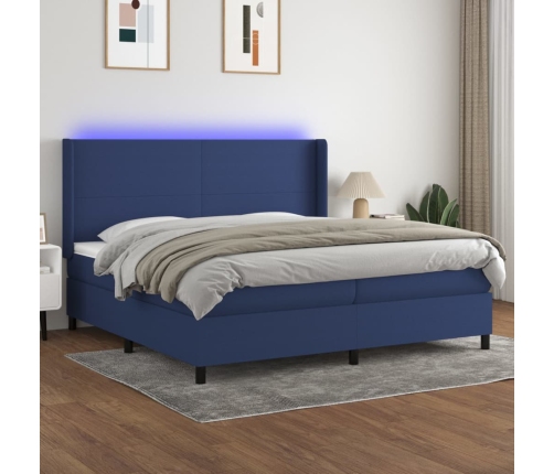 Cama box spring colchón y luces LED tela azul 200x200 cm