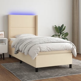 Cama box spring colchón y luces LED tela crema 80x200 cm