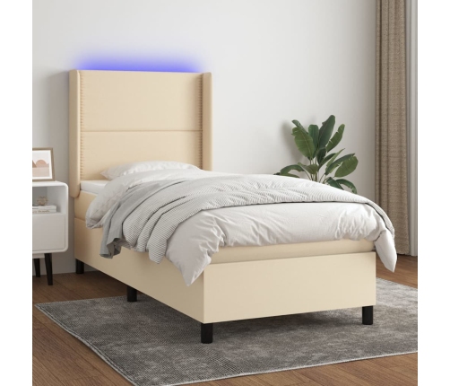 Cama box spring colchón y luces LED tela crema 80x200 cm