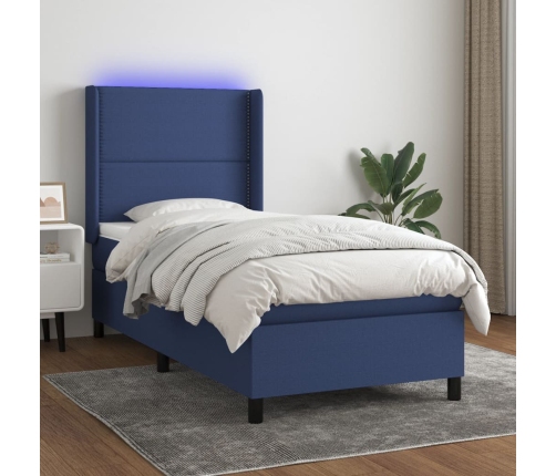 Cama box spring colchón y luces LED tela azul 80x200 cm