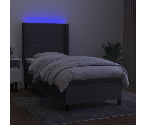 Cama box spring colchón y luces LED tela gris oscuro 90x190 cm