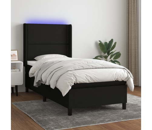 Cama box spring colchón y luces LED tela negro 90x190 cm