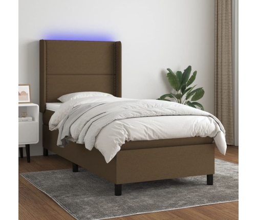 Cama box spring colchón y luces LED tela marrón oscuro 90x190cm