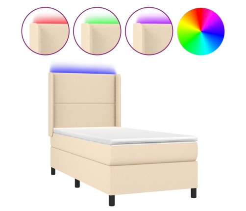 Cama box spring colchón y luces LED tela color crema 90x190 cm