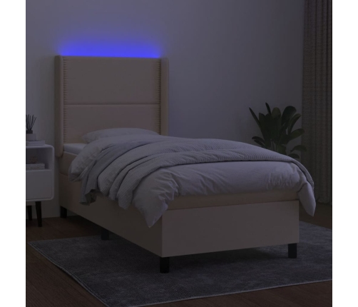 Cama box spring colchón y luces LED tela color crema 90x190 cm