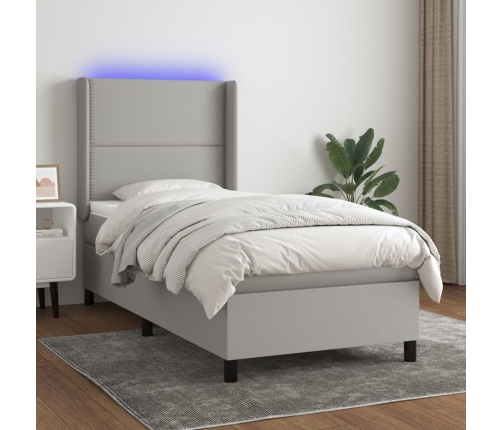 Cama box spring colchón y luces LED tela gris claro 90x200 cm