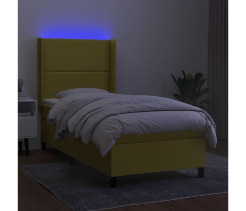 Cama box spring colchón y luces LED tela verde 100x200 cm