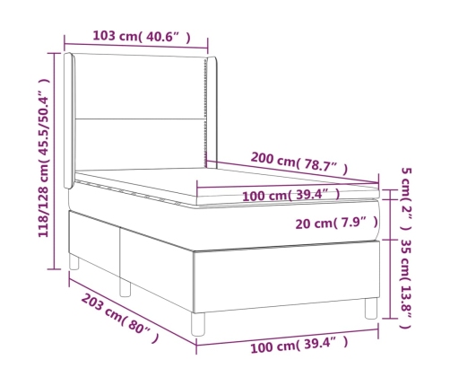 Cama box spring colchón y luces LED tela verde 100x200 cm