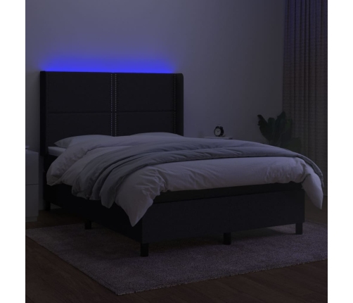 Cama box spring colchón y luces LED tela negro 140x190 cm