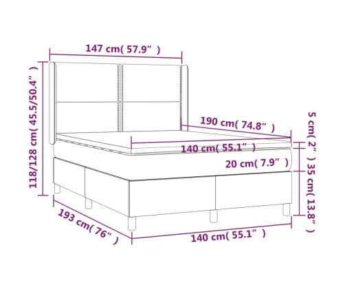 Cama box spring colchón y luces LED tela crema 140x190 cm