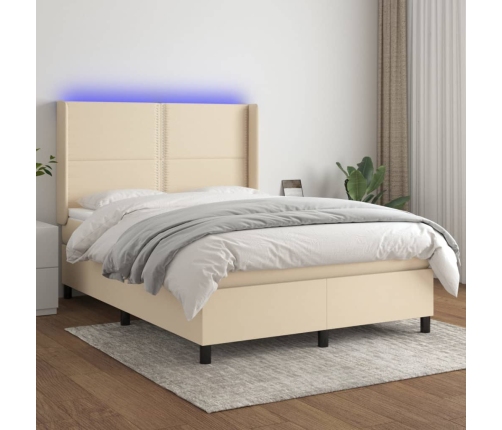 Cama box spring colchón y luces LED tela crema 140x190 cm