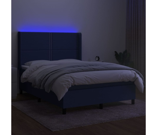 Cama box spring colchón y luces LED tela azul 140x190 cm