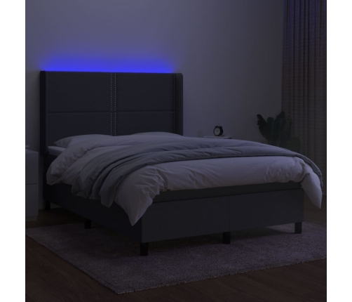 Cama box spring colchón y luces LED tela gris oscuro 140x200 cm