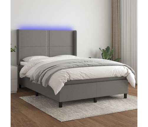 Cama box spring colchón y luces LED tela gris oscuro 140x200 cm