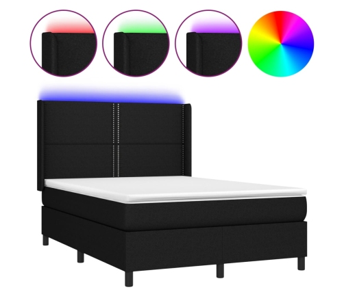 Cama box spring colchón y luces LED tela negro 140x200 cm