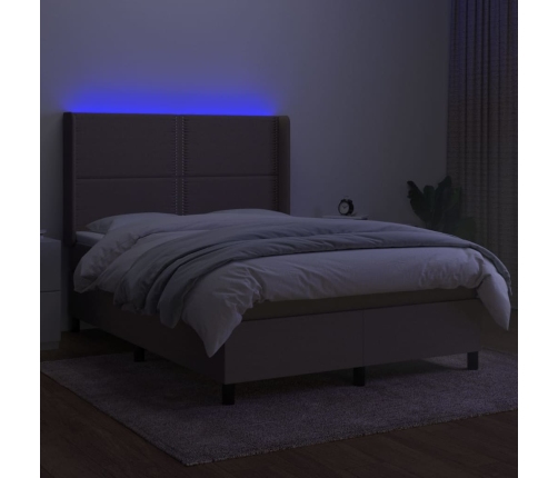 Cama box spring colchón y luces LED tela gris taupe 140x200 cm