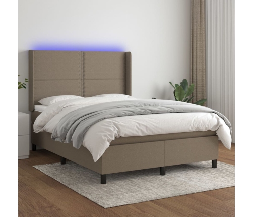 Cama box spring colchón y luces LED tela gris taupe 140x200 cm