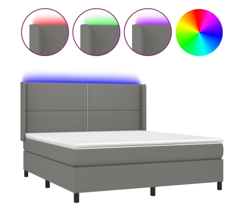 Cama box spring colchón y luces LED tela gris oscuro 160x200 cm