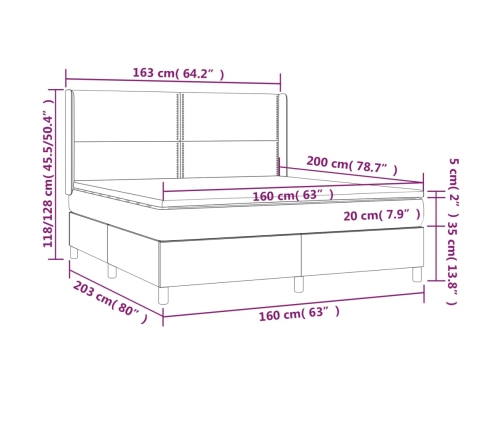 Cama box spring colchón y luces LED tela gris oscuro 160x200 cm