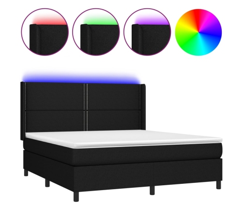 Cama box spring colchón y luces LED tela negro 160x200 cm