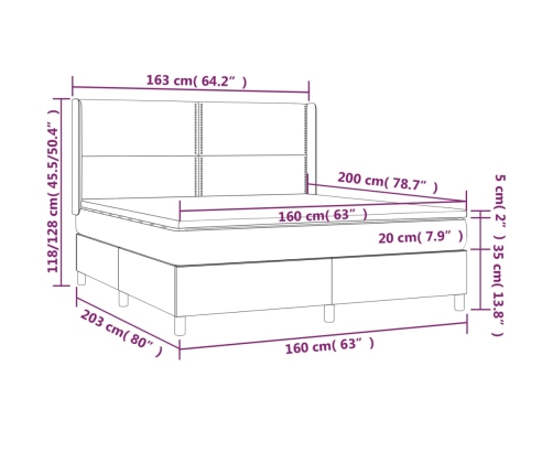 Cama box spring colchón luces LED tela marrón oscuro 160x200cm