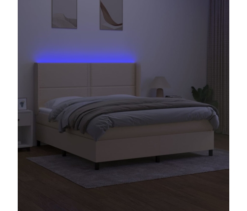 Cama box spring colchón y luces LED tela crema 160x200 cm