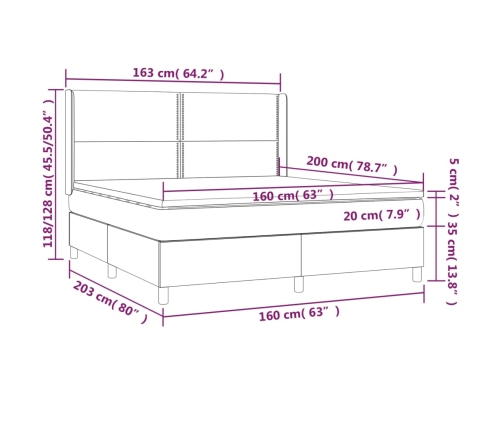 Cama box spring colchón y luces LED tela crema 160x200 cm