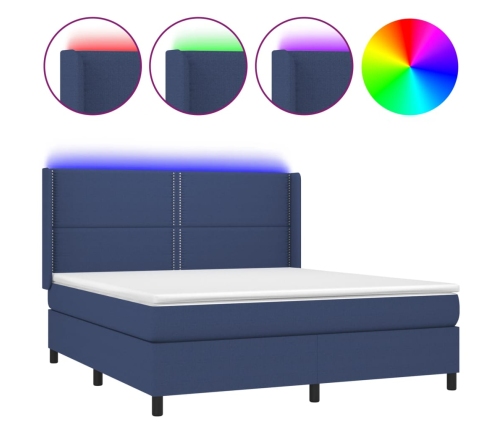 Cama box spring colchón y luces LED tela azul 160x200 cm