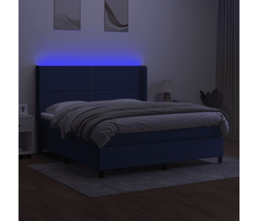 Cama box spring colchón y luces LED tela azul 160x200 cm