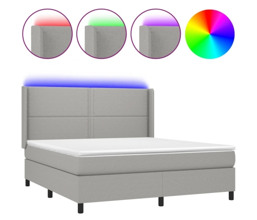 Cama box spring colchón y luces LED tela gris claro 180x200 cm